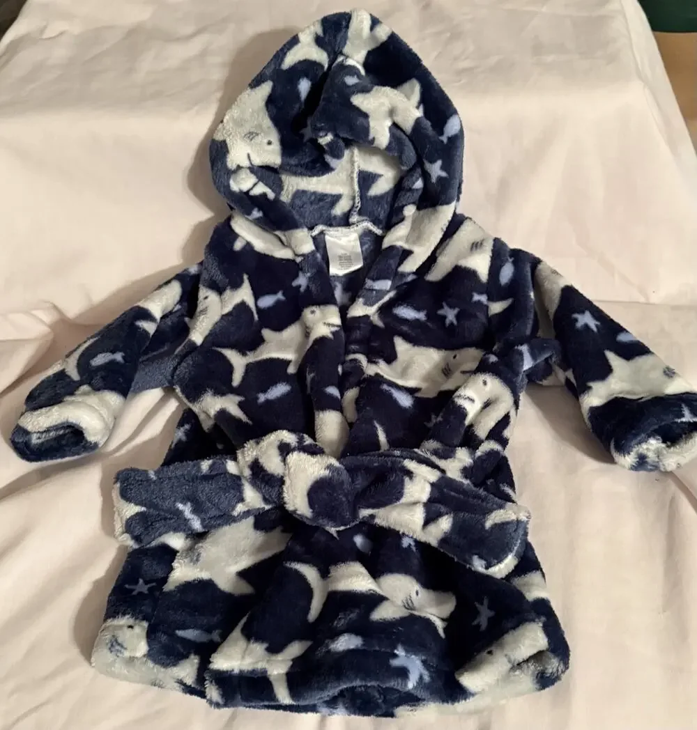 Zak and Zoey Infant Baby Boys’ Blue Plush Hooded Sharks Bathrobe Rob, size 0-9m